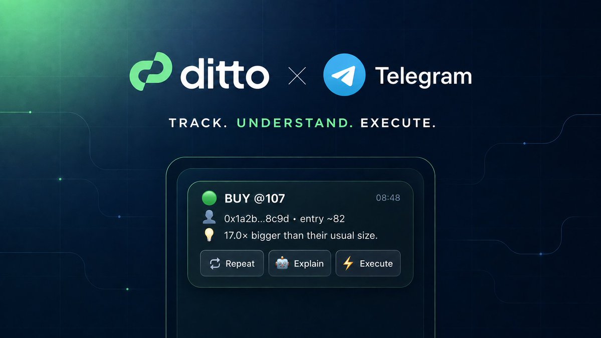 Ditto_Network's tweet photo. Ditto × @telegram 

Ditto brings wallet tracking and trade execution directly to Telegram’s 1 billion+ users.

On Ditto, users can follow top traders across @Polymarket and @HyperliquidX receive their latest moves directly in Telegram and execute without leaving the app.

Track. Understand. Execute.

Try it → https://t.co/BJIkLv0eIk