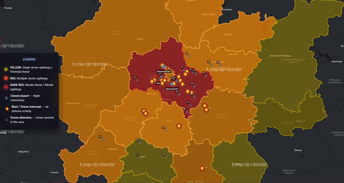 DrnBmbr's tweet photo. 🚨 Air Raid Alert in the Swamps:

Moscow Oblast is currently swarming with drones, while intense air-defense activity is being reported.

Against this backdrop, all three Moscow airports are closed, which is also confirmed by Flightradar24.

11:45 | 03/09

All information is based on Russian sources and monitoring resources.