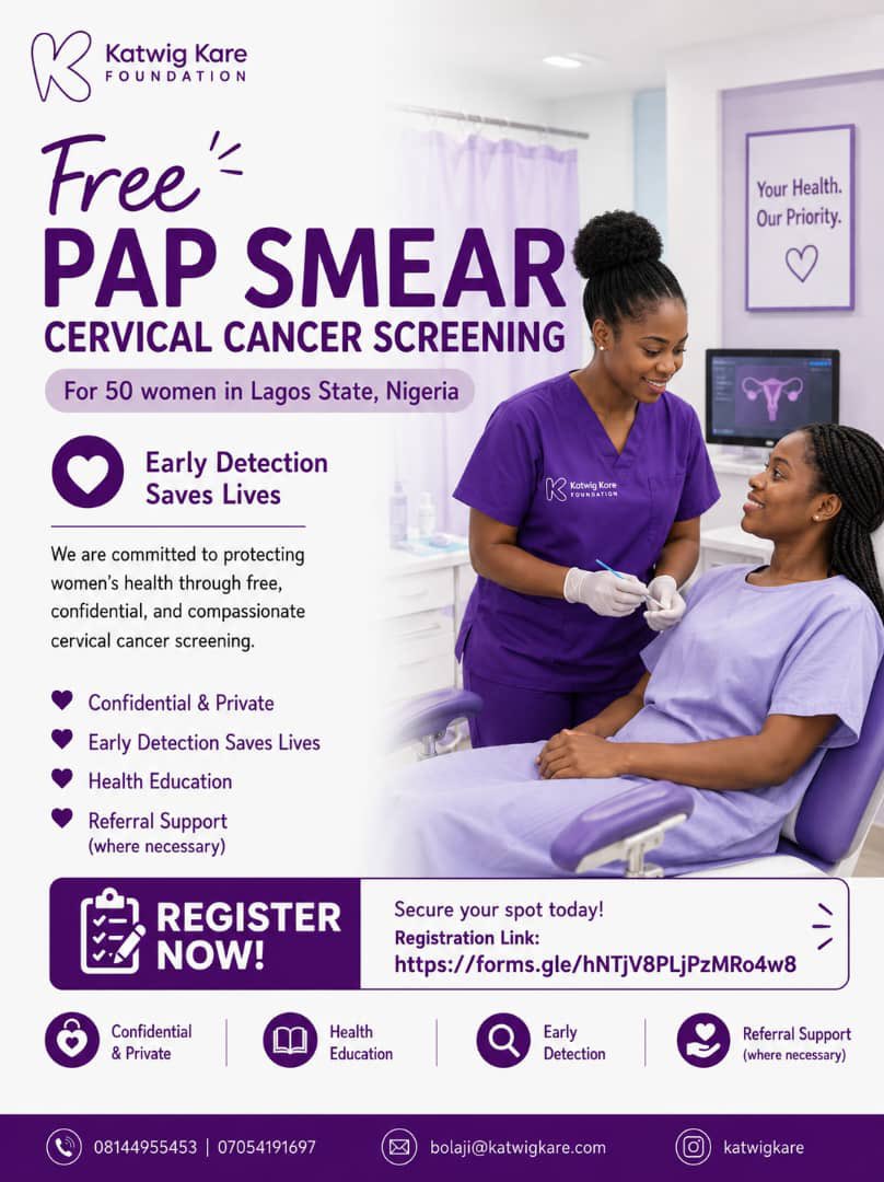 Karen_Amarii's tweet photo. Ladies, @KatwigKare has been running free STI &amp; Pap Smear screenings for women in Lagos &amp; there are some free slots left. If you believe you’d benefit from this to help you stay in charge of your feminine health, then fill out this form asap: https://t.co/lEDNKcUk2W Confidential! https://t.co/Irr0ouG3tg