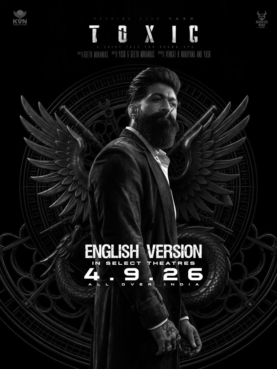_PVRCinemas's tweet photo. A whole new way to experience TOXIC. 🖤🔥
Catch the English version on the big screen from 4th September 2026.

#ToxicAFairyTaleForGrownups now screening at PVR INOX!
Book now: https://t.co/aktyEjTQ8O
.
.
.
#Yash #RockingStarYash #Nayanthara #KiaraAdvani #HumaQureshi #TaraSutaria #RukminiVasanth #ToxicTheMovie

Credits: KVN Productions, Monster Mind Creations & Zee Music Company.

All rights belong to their respective owners.