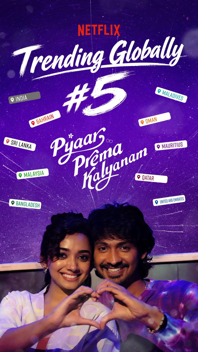 proyuvraaj's tweet photo. #PyaarPremaKalyanam is #5 Trending Globally on Netflix! 🔥
A love story winning hearts across the world❤

@elann_t  @SaanveMegghana @riseeastcre @Netflix_INSouth @PentelaSagar  @thisisysr  @realradikaa @iYogiBabu @Nivie27 @Dinesh_K_Babu @PradeepERagav @HarishGy @artdirectorgopi @Keerthi9500 @synccinema @muthukumaranvfx @stillsravi @Kumarksamy @venkystudios @krchandru @anand_magizh