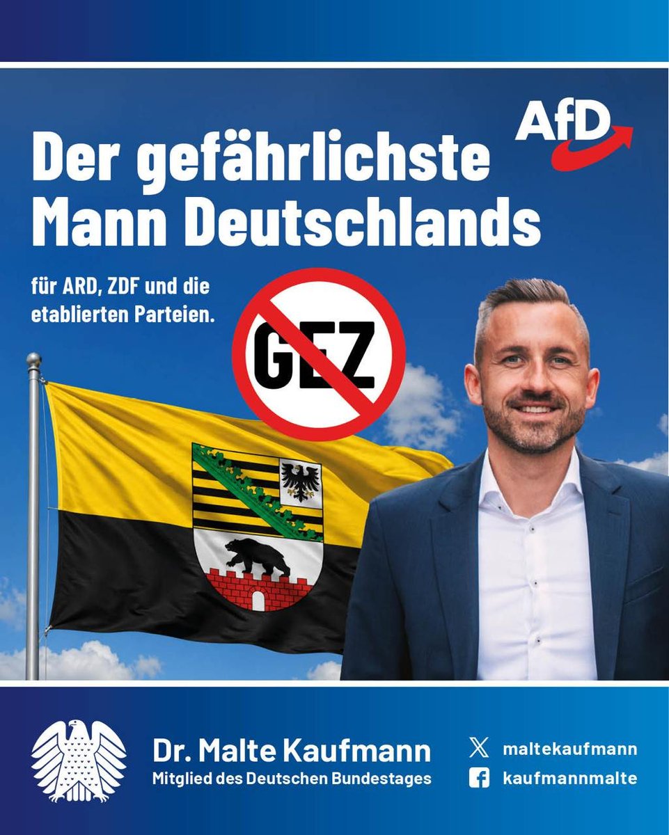 MalteKaufmann's tweet photo. Ulrich Siegmund – der gefährlichste Mann Deutschlands – wird als erste Amtshandlung die Rundfunkstaatsverträge kündigen, um echten Reformdruck zu erzeugen. Niemand muss Fakten für uns ein einordnen – wir norden den Zwangsfunk ein und schaffen mittelfristig die GEZ-Gebühren ab. Mündige Bürger brauchen kein betreutes Denken, sondern informieren sich, wo sie wollen. #GEZmussweg #AfD

Weitere Sofortmaßnahmen einer AfD-Regierung in Sachsen-Anhalt:
▶️ https://t.co/b0UaqtJhdw