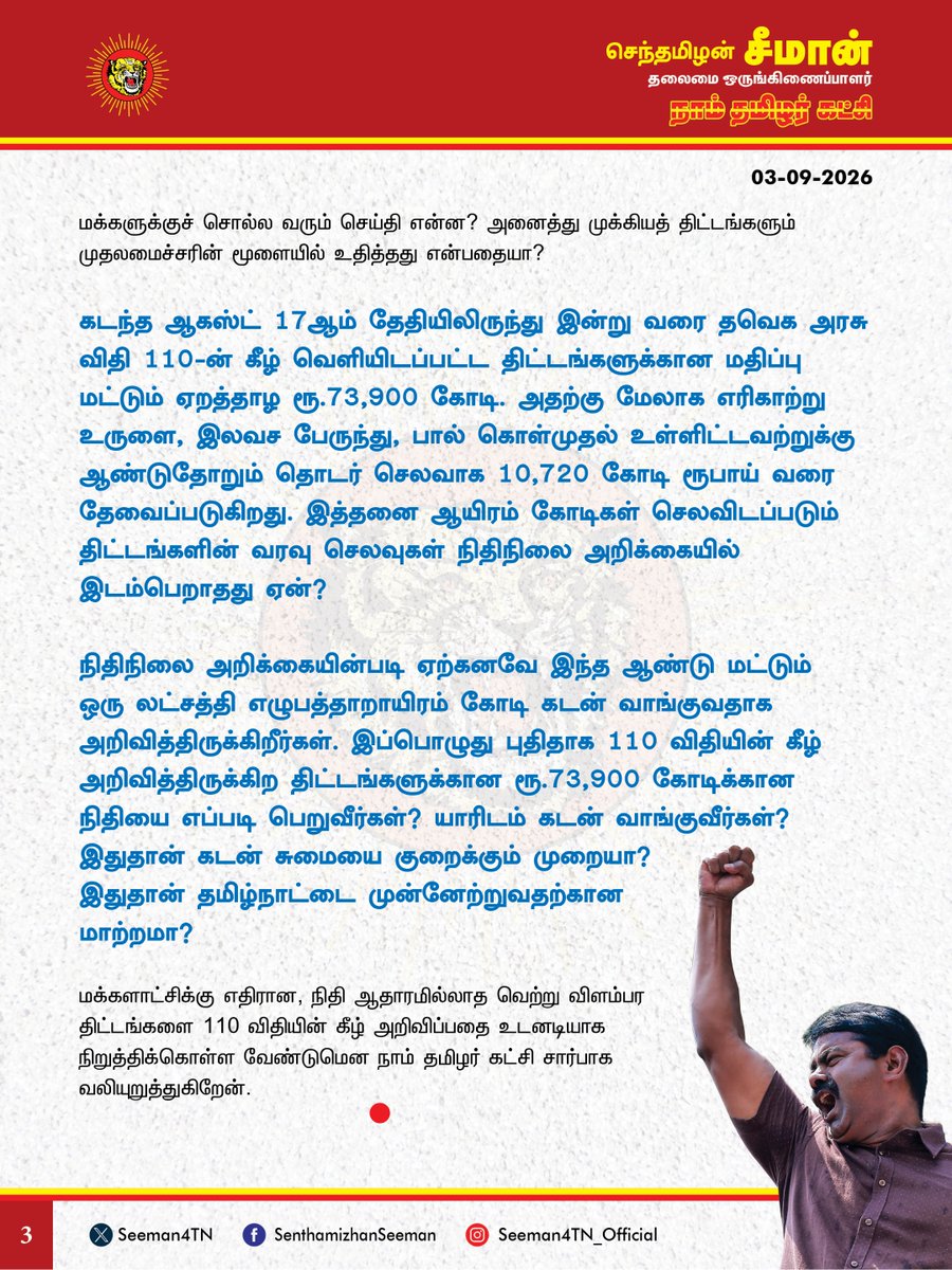 Seeman4TN's tweet photo. தமிழ்நாடு அரசின் திட்டங்கள் அனைத்தும் 110 விதியின் கீழ் அறிவிக்கப்படும் என்றால் தனியாக நிதிநிலை அறிக்கை எதற்கு? அதன் மீதான விவாதங்கள் எதற்கு?

@CMOTamilnadu @TVKVijayHQ

தமிழ்நாடு சட்டப்பேரவையில் 110 விதியைப் பயன்படுத்தி அரசின் திட்டங்கள் பலவற்றை தமிழ்நாடு முதல்வர் விஜய் அவர்கள் அறிவித்து வருவது மக்களாட்சிக்கும், அதனை நம்பி வாக்களித்த மக்களுக்கும் எதிரானதாகும்.

நடைபெற்று வரும் தமிழ்நாடு சட்டப்பேரவை கூட்டத்தொடரில் 2026-27 ஆம் ஆண்டிற்கான நிதிநிலை அறிக்கையில் அறிவிக்கப்பட்ட திட்டங்கள் குறித்த நிறை - குறைகள் குறித்து விவாதித்து முடிவெடுக்கக் கடந்த ஒரு மாத காலமாகச் சட்டப்பேரவை கூட்டத்தொடர் நடைபெற்று வருகிறது. ஆனால், 110 விதியின் கீழ் சிறப்பு அறிவிப்புகள் என்ற பெயரில், நிதிநிலை அறிக்கையில் இல்லாத புதிய திட்டங்களை ஒவ்வொரு நாளும் தமிழ்நாடு முதல்வர் அவர்கள் அறிவித்து வருவது ஏன்? எல்லாத் திட்டங்களும் 110 விதியின் கீழே அறிவிக்கப்படும் என்றால் தனியாக நிதிநிலை அறிக்கை என்ற ஒன்று எதற்கு? அதன் மீதான விவாதங்கள்தான் எதற்கு? சட்டப்பேரவையில் முதலமைச்சர் வெளியிடுவது அனைத்தும் முக்கியத் திட்டங்கள் என்றால் அதன் நன்மை தீமைகள் குறித்து அவையில் விவாதங்கள் நடைபெற வேண்டாமா?

மக்களுக்குத் தேவையான இன்றியமையாத திட்டங்கள் என்றால் அவை ஏன் நிதிநிலை அறிக்கையில் இடம்பெறவில்லை? பொது முக்கியத்துவம் வாய்ந்த அரசு முடிவுகள் மற்றும் புதிய திட்டங்களைப் பேரவைத்தலைவர் அனுமதியுடன் சட்டப்பேரவையில் அறிவிக்கவும், அறிவிக்கும் நேரத்தில் அதன் மீது விவாதம் நடைபெறாமல் இருக்கவும் கடந்த திமுக அதிமுக அரசுகள் விதி 110யை பயன்படுத்தினார்கள். அதை, மாற்றம் எனச் சொல்லி வந்த தவெக அரசு, விளம்பர வெற்று அறிவுப்புகளுக்குப் பயன்படுத்துவது நம்பி வாக்களித்த மக்களுக்குச் செய்யும் துரோகமல்லவா? இதுதான் மாற்றமா?

சட்டங்களை உருவாக்கவும், விவாதிக்கவும், நிறைவேற்றவும் அமைக்கப்பட்ட மக்கள் பிரதிநிதிகளின் அவையான சட்டப்பேரவையில் இவ்விதியை பயன்படுத்தி நிதிநிலை அறிக்கையில் இடம்பெறாத திட்டங்களை ஒவ்வொரு நாளும் வெளியிடுவதும் அதன் மீது விவாதமில்லாமல் கடந்து போவதும் சட்டப்பேரவை உருவாக்கப்பட்டதற்கான நோக்கத்தையே சிதைக்காதா?

மக்களால் தேர்ந்தெடுக்கப்பட்ட உறுப்பினர்கள் நிறைந்திருக்கும் அவையில், மக்களுக்காக அறிவிக்கப்படும் திட்டங்கள் குறித்து, சட்டமன்ற உறுப்பினர்கள் கருத்தும் தெரிவிக்கும் வாய்ப்பை பறிப்பது கொடுங்கோன்மை அல்லவா?

முதலமைச்சரின் பொறுப்பிலிருந்த துறைகளையே, மற்ற அமைச்சர்களுக்கு ஒதுக்கிவிட்ட நிலையில், மற்ற அமைச்சகம் சார்ந்த அறிவிப்புகளை வெளியிடுவதற்கு மட்டும் முதலமைச்சர் எதற்கு? அமைச்சர்கள் வெளியிட வேண்டிய அறிவிப்புகளை முதலமைச்சர் வெளியிடுவது, அமைச்சர்களின் தனித்துவத்தைக் குறைக்காதா? இதன் மூலம் தவெக அரசு தமிழ்நாட்டு மக்களுக்குச் சொல்ல வரும் செய்தி என்ன? அனைத்து முக்கியத் திட்டங்களும் முதலமைச்சரின் மூளையில் உதித்தது என்பதையா?

கடந்த ஆகஸ்ட் 17ஆம் தேதியிலிருந்து இன்று வரை தவெக அரசு விதி 110-ன் கீழ் வெளியிடப்பட்ட திட்டங்களுக்கான மதிப்பு மட்டும் ஏறத்தாழ ரூ.73,900 கோடி. அதற்கு மேலாக எரிகாற்று உருளை, இலவச பேருந்து, பால் கொள்முதல் உள்ளிட்டவற்றுக்கு ஆண்டுதோறும் தொடர் செலவாக 10,720 கோடி ரூபாய் வரை தேவைப்படுகிறது. இத்தனை ஆயிரம் கோடிகள் செலவிடப்படும் திட்டங்களின் வரவு செலவுகள் நிதிநிலை அறிக்கையில் இடம்பெறாதது ஏன்?

நிதிநிலை அறிக்கையின்படி ஏற்கனவே இந்த ஆண்டு மட்டும் ஒரு லட்சத்தி எழுபத்தாறாயிரம் கோடி கடன் வாங்குவதாக அறிவித்திருக்கிறீர்கள். இப்பொழுது புதிதாக 110 விதியின் கீழ் அறிவித்திருக்கிற திட்டங்களுக்கான ரூ.73,900 கோடிக்கான நிதியை எப்படி பெறுவீர்கள்? யாரிடம் கடன் வாங்குவீர்கள்? இதுதான் கடன் சுமையை குறைக்கும் முறையா? இதுதான் தமிழ்நாட்டை முன்னேற்றுவதற்கான மாற்றமா?

மக்களாட்சிக்கு எதிரான, நிதி ஆதாரமில்லாத வெற்று விளம்பர திட்டங்களை 110 விதியின் கீழ் அறிவிப்பதை உடனடியாக நிறுத்திக்கொள்ள வேண்டுமென நாம் தமிழர் கட்சி சார்பாக வலியுறுத்துகிறேன்.

- செந்தமிழன் சீமான்
தலைமை ஒருங்கிணைப்பாளர்
நாம் தமிழர் கட்சி