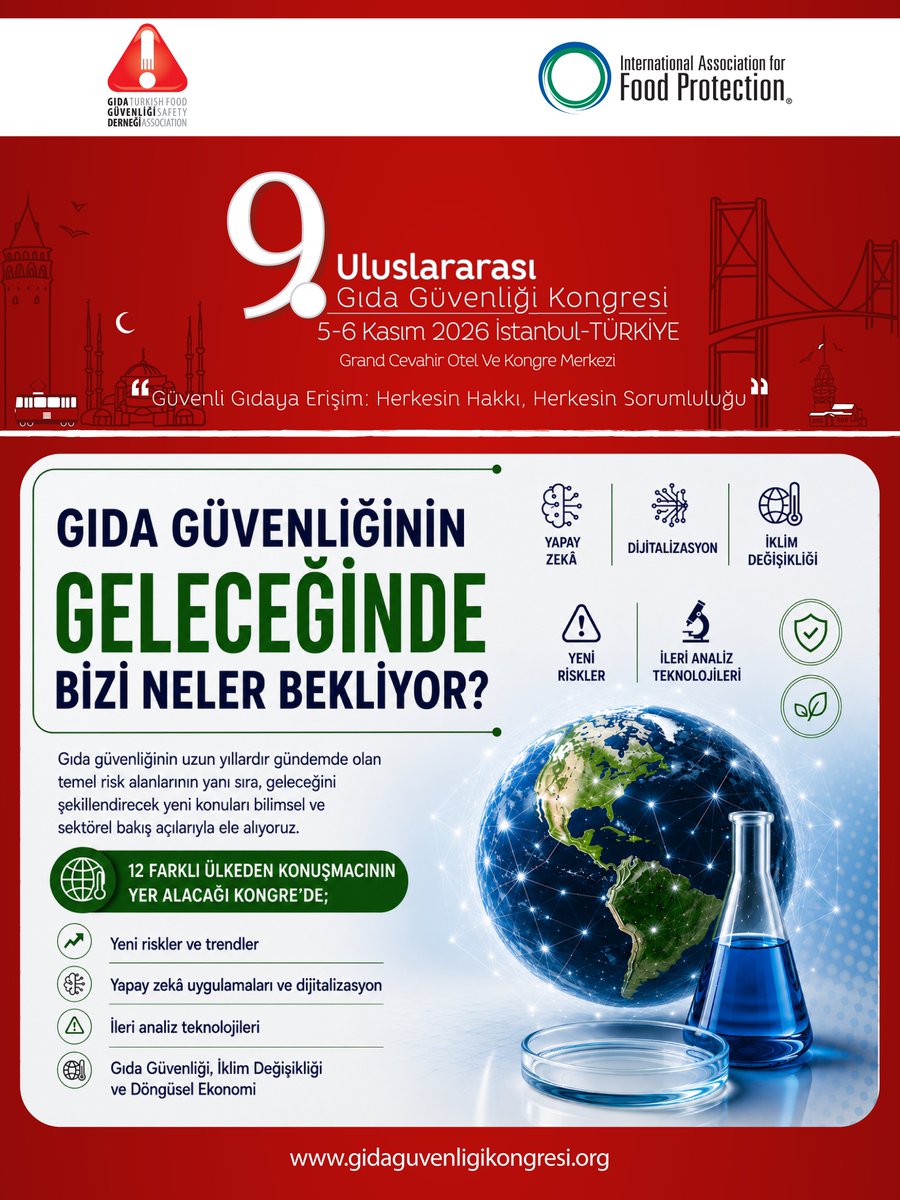 GidaGuvenligi's tweet photo. What does the future hold for food safety?

📅 5–6 November 2026
📍 Grand Cevahir Hotel &amp; Convention Center, Istanbul
📌 Early registration deadline: 4 September 2026
#FoodSafety #ArtificialIntelligence #ClimateChange #FoodTechnology #FoodSafetyCongress https://t.co/97GoDwilXJ