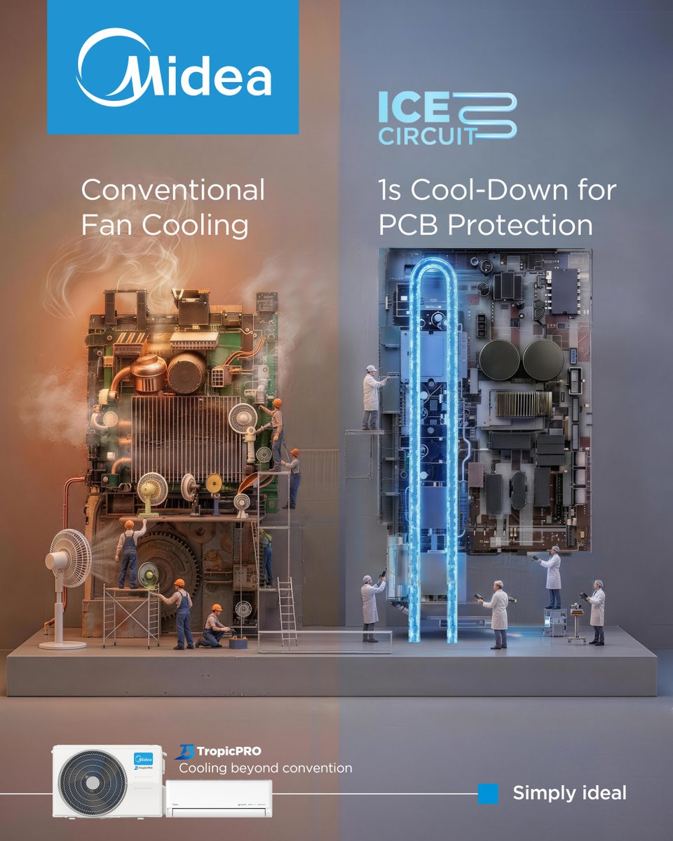 MideaShaker's tweet photo. 5X faster heat transfer. 1 second to total protection.❄️⚡

Say goodbye to inefficient ""Conventional Fan Cooling"" and hello to ice circuit

Stop heat at the source with Midea’s patented Liquid Cooling—taking temps down in one second.🎯

Precision meets power. 🔵⚪ https://t.co/a5kf573R6v
