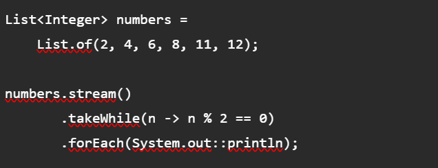 ayshriv's tweet photo. Java 9 introduced takeWhile() for Streams.
It processes elements while the predicate remains true.
Output:
2
4
6
8
Once the condition fails, processing stops.
#Java #Java9 #StreamAPI #JavaInterview #Programming https://t.co/3JAMksiwIS