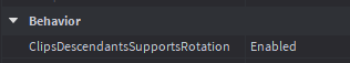 reliskdev's tweet photo. You can FINALLY clip rotated frames/images anything in studio UI. I don't know why I haven't seen this mentioned?!?!

Go into: StarterGui -> Properties -> Behavior

This was a feature a couple of months back however it didn't actually work, thought I'd try again today and it WORKS!!

#robloxㅤ #robloxdev