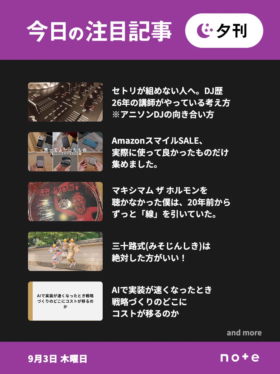 noteの「今日の注目記事 夕刊」（9月3日 木曜日）のお知らせ画像。5記事分のサムネイル画像とタイトルが並んでいる。1記事目、セトリが組めない人へ。DJ歴26年の講師がやっている考え方※アニソンDJの向き合い方。2記事目、AmazonスマイルSALE、実際に使って良かったものだけ集めました。3記事目、マキシマム ザ ホルモンを聴かなかった僕は、20年前からずっと「線」を引いていた。4記事目、三十路式(みそじんしき)は絶対した方がいい！。5記事目、AIで実装が速くなったとき戦略づくりのどこにコストが移るのか。「and more」の表記。