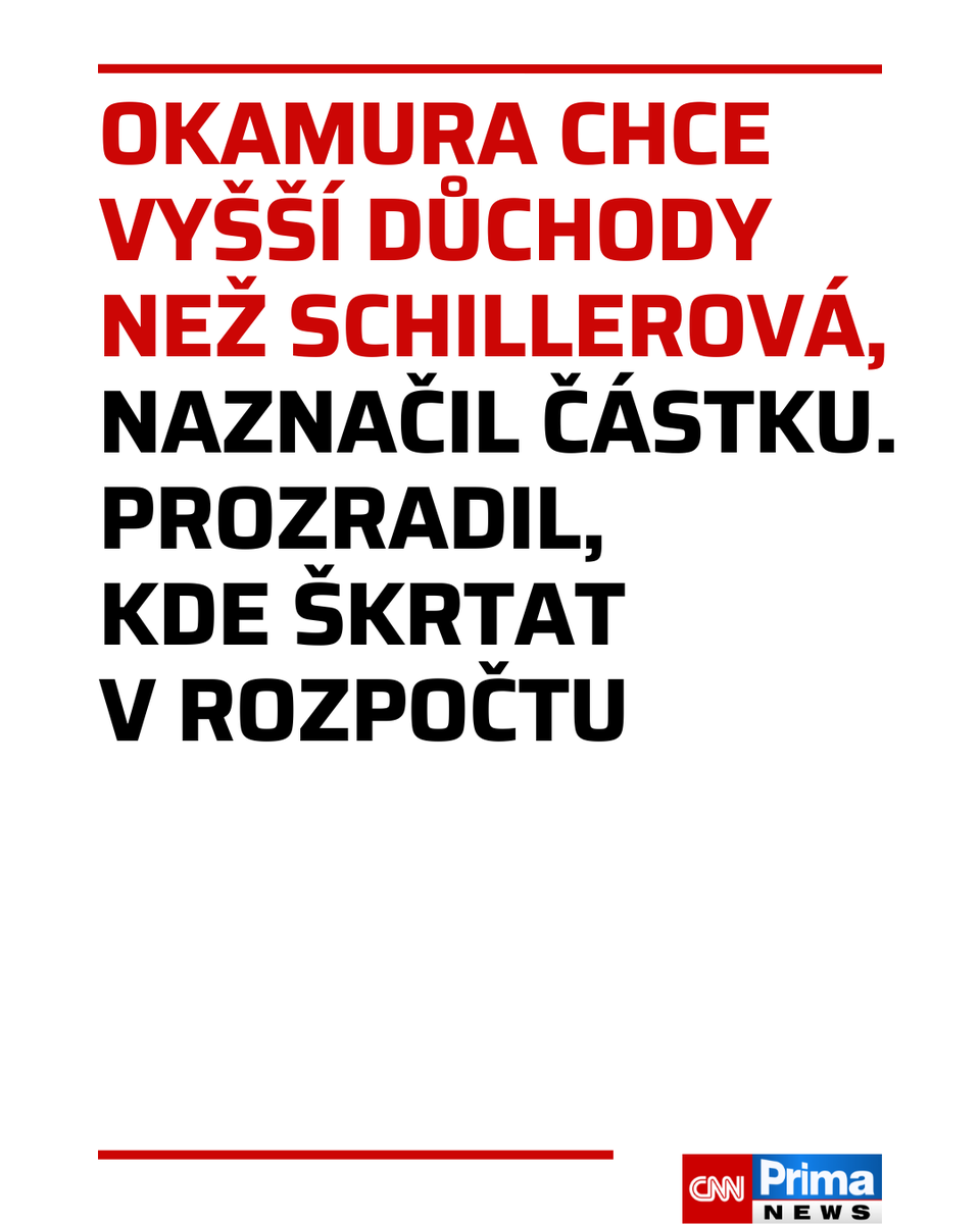 CNNPrima's tweet photo. Návrhy vládního hnutí SPD k úsporám v plánovaném státním rozpočtu na příští rok se budou týkat i resortů školství a zahraničí. V rozhovoru pro CNN Prima NEWS to řekl předseda SPD a šéf dolní komory parlamentu Tomio Okamura. Prosadit naopak bude chtít vyšší růst důchodů, než s jakým počítá ministryně financí Alena Schillerová (ANO). Okamura v rozhovoru také řekl, že jeho hnutí nedovolí rozpočtové provizorium. Připustil rovněž, že koalice nemusí stihnout prosadit zrušení koncesionářských poplatků k 1. lednu 2027. Rozhovor ZDE: https://t.co/ED53EivjXs