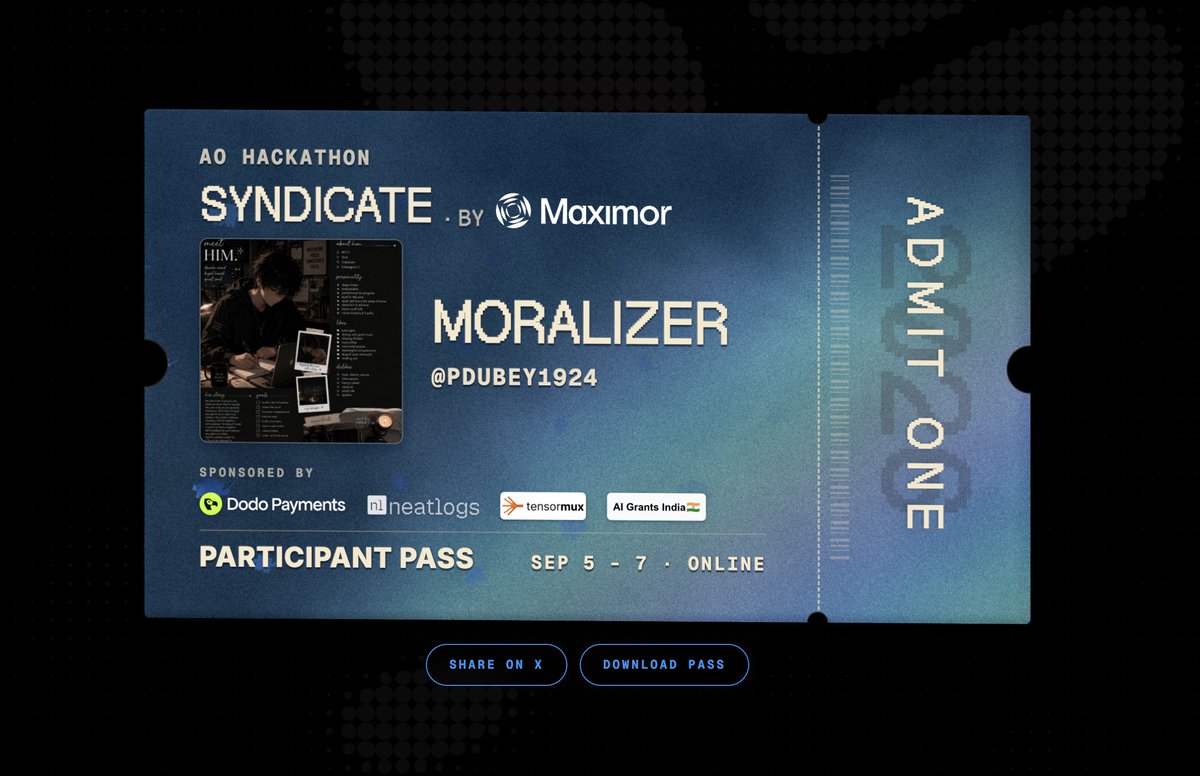 pdubey1924's tweet photo. Lesssss gooooo!!!!!
I'm attending Syndicate, @aoagents' online hackathon.

Cash prizes are up for grabs, powered by @maximor_ai and supported by @dodopayments, @neatlogs, @Tensormux, and @aigrantsindia.

See you there! https://t.co/nUaMCeJtd1 https://t.co/z8lyE9sNbz