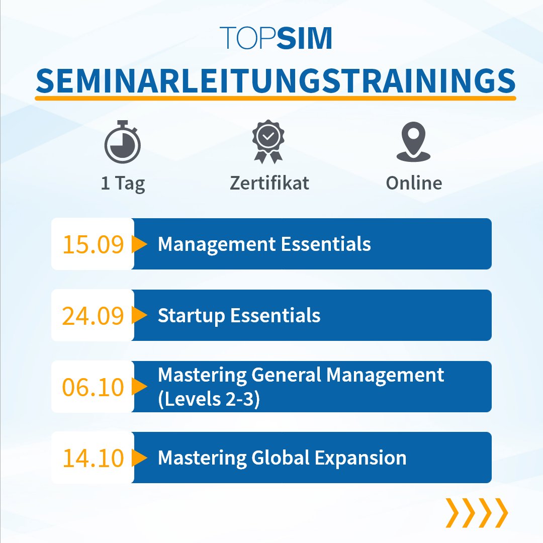 Planspiele's tweet photo. 📆 TOPSIM-Termine
💻 Technik-Webinare (online| 2h)
📊 Seminarleitungstrainings (online | 1Tag)
✨ TOPSIM-Planspielkongress
17. - 18. September | Tübingen
➡️ Jetzt anmelden: https://t.co/Jb4EBXPwH9
#BusinessSimulations #Events #Weiterbildung #TOPSIM https://t.co/93DrHtmuMr