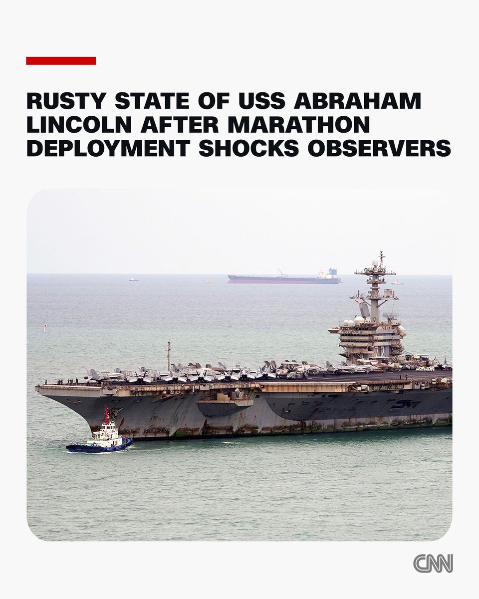 CNN's tweet photo. As the aircraft carrier USS Abraham Lincoln pulled into port in Thailand, observers were shocked by its appearance. The almost 1,100-foot-long warship was covered in rust from bow to stern.

But experts say that's to be expected from what the Navy says was 286 days at sea since the Lincoln left its homeport of San Diego last November. https://t.co/4scAVMwNv4