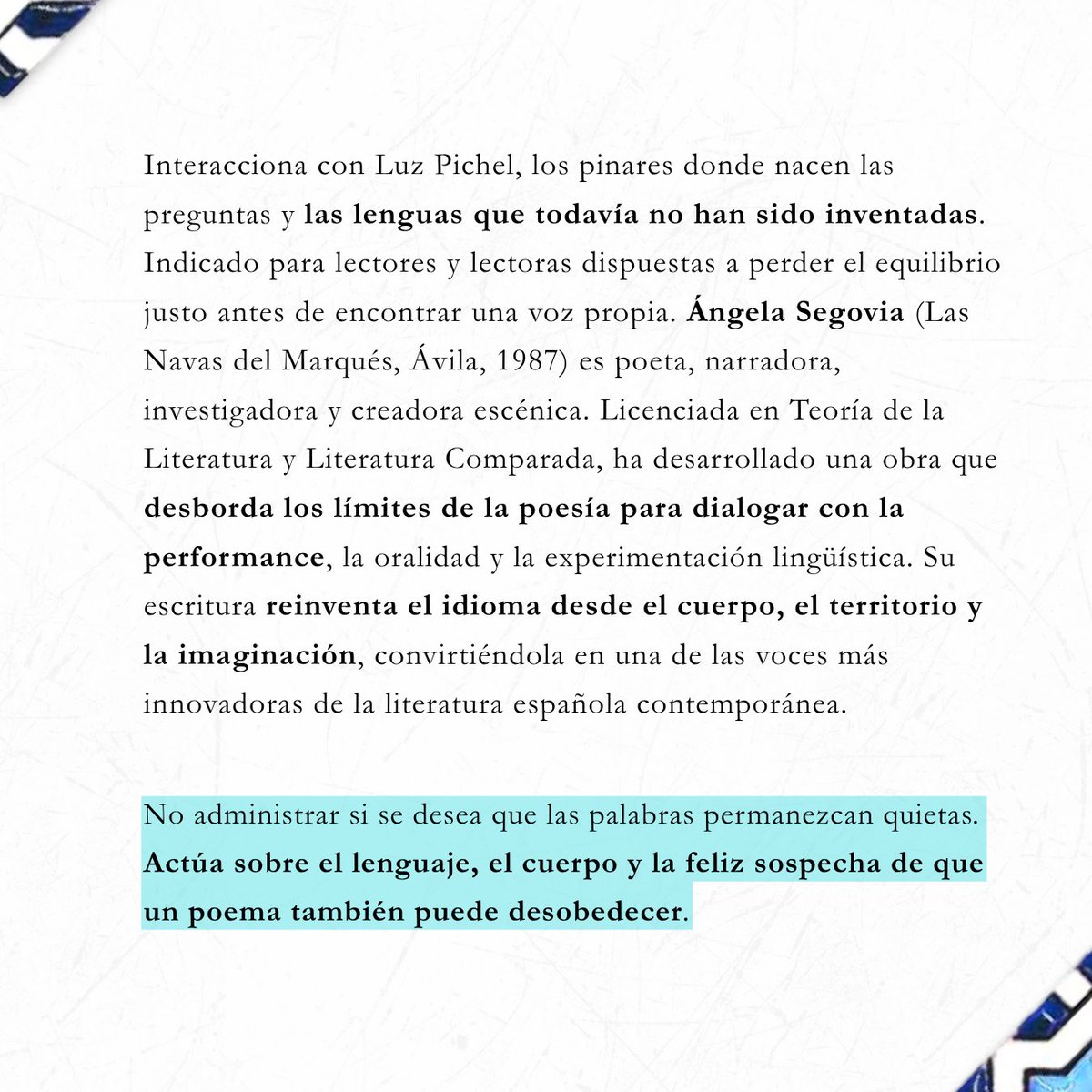 Culturalh_'s tweet photo. Ángela Segovia llega a la segunda edición de CULTUR_ALH que tendrá lugar del 21 al 27 de septiembre en Granada.

La autora se suma al Festival Internacional de Arte, Literatura y Humanidades. https://t.co/nKPLCsd82L