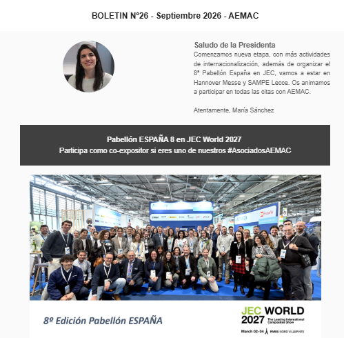 AEMAC_'s tweet photo. #BoletinAEMAC Nº26 con las próximas #CitasAEMAC.  

Únete como co-expositor al #PabellónESPAÑA8 en #JECWorld27 - Hasta 16 octubre     

Y conoce los eventos en los que participamos: #SUSMATx #AtlasCluster #SAMPELecce #AMM26 #HiPlastics #HM27 y #MATCOMP27

https://t.co/qL7i09ROhg https://t.co/C8N2j5rLxe