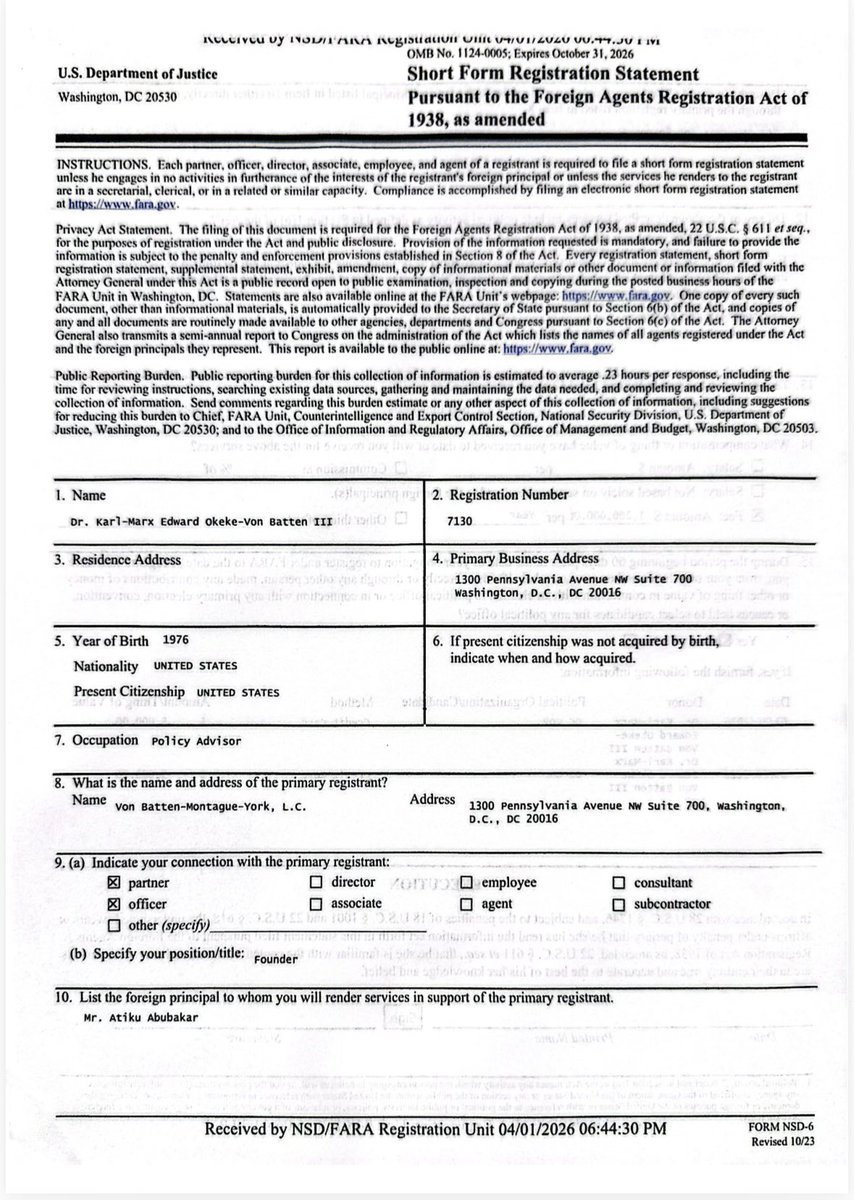 PBATWarRoom's tweet photo. EMERGING FACTS

ATIKU’S $1.2M AMERICAN LOBBYIST VON BATEN aka IKEMEFUNA OKEKE involved in Pejury. 

Atiku Abubakar engaged Von Batten-Montague-York, owned by VON BATEN aka IKEMEFUNA OKEKE, to lobby for him in Washington for $1.2 MILLION.

The agreement was signed for Atiku by one ADC Chieftain Fabiyi Oladimeji.

Now comes the part that should concern everyone.

Okeke’s U.S. documents reportedly contain a serious contradiction about his birthplace.

In one document, he is represented as BORN IN THE UNITED STATES.

But his naturalization records reportedly state that he was BORN IN NIGERIA.

Same man. Same identity. Two different birthplaces.

If authentic, @ICEgov @FBI @TheJusticeDept should be asking questions.
 
At this point, Atiku Abubakar alongside his lobbyist is closer to spending his twilight in a US prison than becoming the President.

Cc; @realDonaldTrump @WhiteHouse @SenateFloor @POTUS