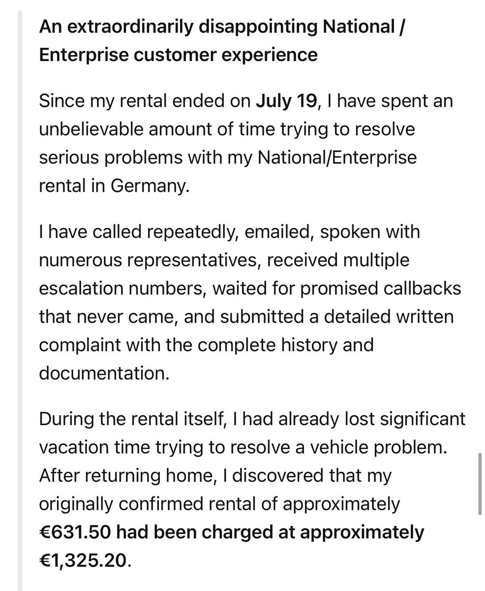 AliKDurhan's tweet photo. @Enterprise @Enterprise @enterprisecares @EnterpriseRentACar @nationalcares @nationalpro
Since July 19, I’ve spent weeks trying to resolve an unacceptable rental experience. Calls, emails &amp; escalations—still no resolution. Case CL437890. Please help. https://t.co/6iqmObv9L0