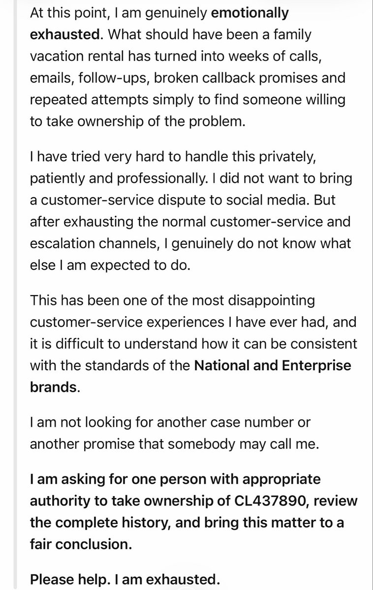 AliKDurhan's tweet photo. @Enterprise @Enterprise @enterprisecares @EnterpriseRentACar @nationalcares @nationalpro
Since July 19, I’ve spent weeks trying to resolve an unacceptable rental experience. Calls, emails &amp; escalations—still no resolution. Case CL437890. Please help. https://t.co/6iqmObv9L0