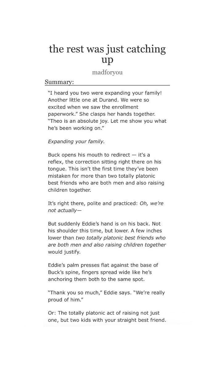 madforyouxo's tweet photo. the rest was just catching up

5.2k, rated ga

- theo’s parent teacher conference
- the teachers fully think buck and eddie are together
- fake/pretend relationship
- wrote this on my alt acct and decided to bring it over to my main 

🔗 https://t.co/U05ZijbAIY https://t.co/HeHXViV0Cq