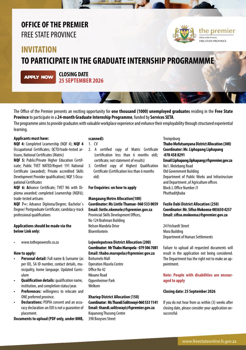 fsgov's tweet photo. INTAKE OF A THOUSAND INTERNS 🚨

Office of the Premier Graduate Internship Programme Opportunity.

Closing date: 25 September 2026 https://t.co/nX0o9sTYTt