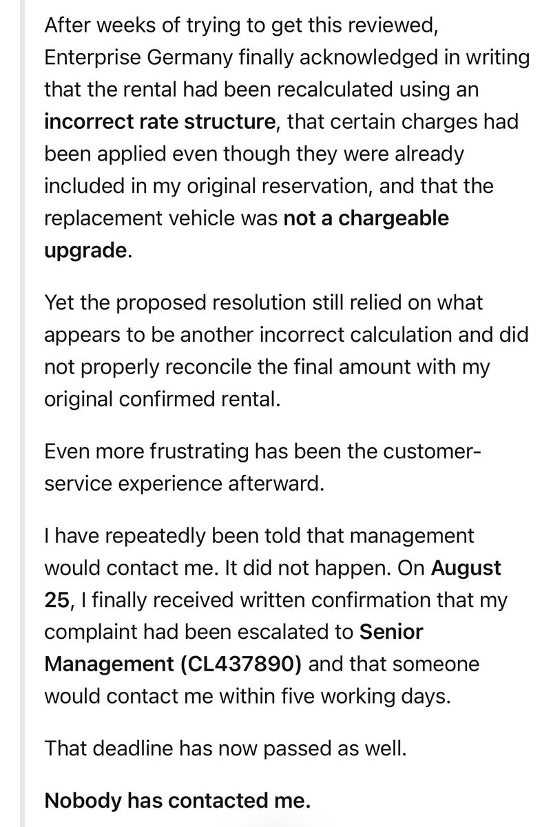 AliKDurhan's tweet photo. @NationalPro @Enterprise @enterprisecares @nationalcares @nationalpro
Since July 19, I’ve spent weeks trying to resolve an unacceptable rental experience. Calls, emails &amp; escalations—still no resolution. Case CL437890. Please help. I hope you appreciate your customers as well. https://t.co/XThEt0vNYN