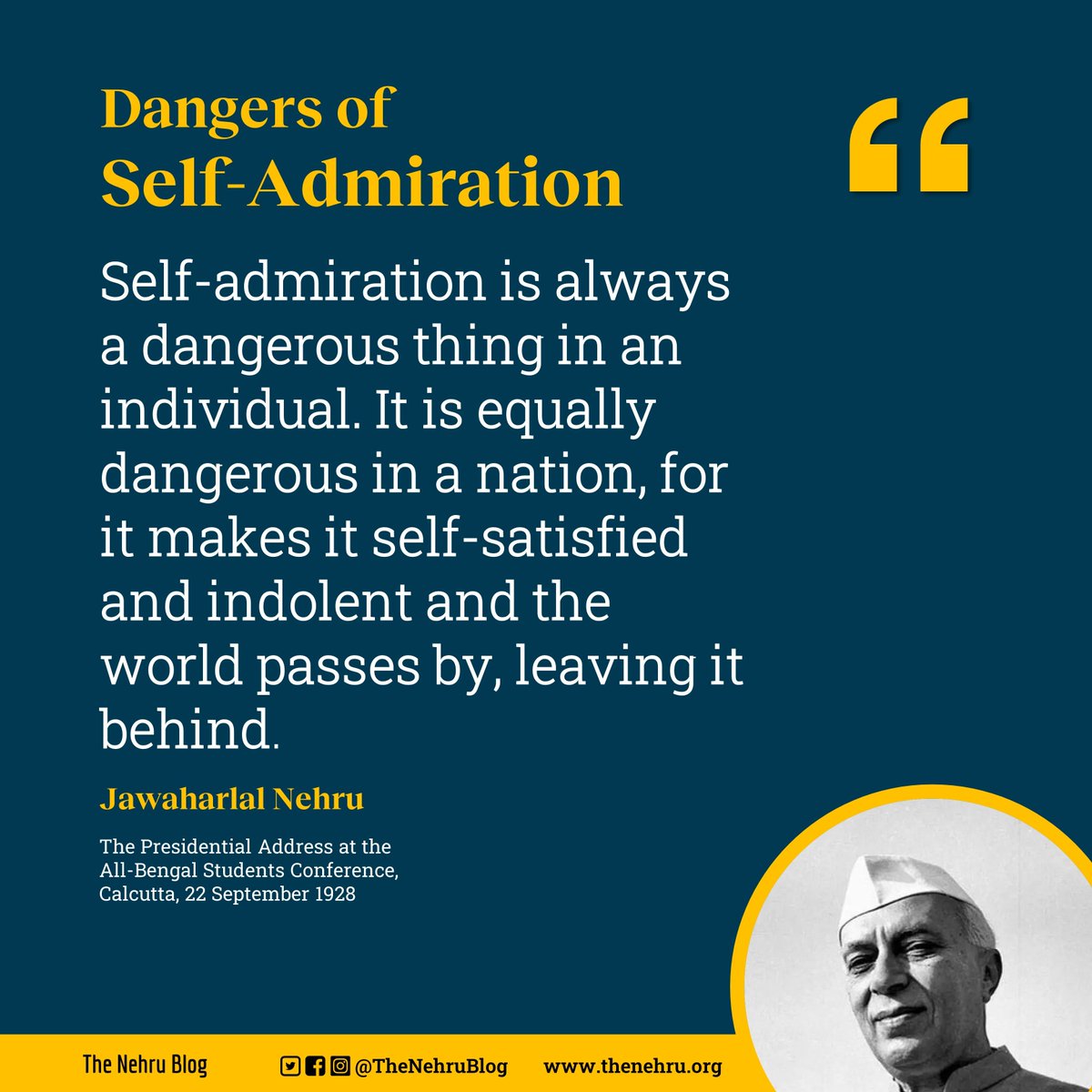 TheNehruBlog's tweet photo. आत्मप्रशंसा व्यक्ति, समाज और देश की प्रगति को रोकती है।
Self-admiration hinders the progress of a person, society and nation.
#nehru #jawaharlalnehru #thenehrublog https://t.co/98uTsc9BM7