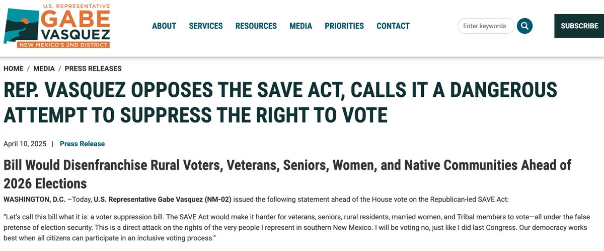 NMMadness's tweet photo. Three times in 20 months, @RepGabeVasquez called the SAVE Act voter suppression — in his own words, on his own letterhead.

Yesterday he voted YES on H.Res. 1490, which "calls for enactment of the SAVE America Act." 

Which Gabe do NM-02 voters get in November? The one unable to lead, or the one unable to decide? #nmpol #nm02