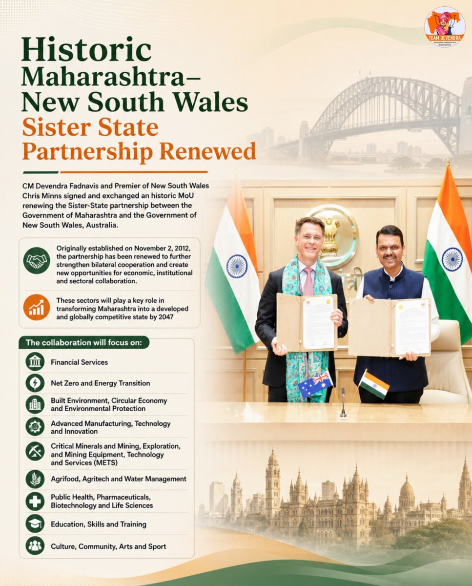 sujit2809's tweet photo. A new direction for the historic Maharashtra–New South Wales partnership.. !
Stronger cooperation across finance, technology, agritech, healthcare, education and skills for shared growth.. !

#DevendraFadnavis #Teamdevendra #Maharashtra #NewSouthWales https://t.co/7NuQMp66PT