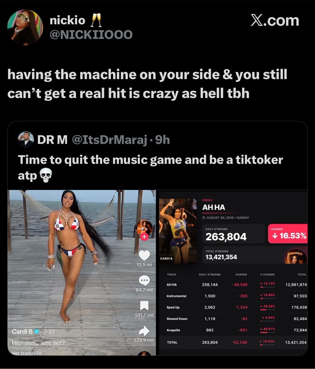 xCardiBaex's tweet photo. The irony is that if she achieved genuine success, these same people would be the ones claiming it’s all payola and bots. 😘😂😂 https://t.co/mZlrjzqDI9