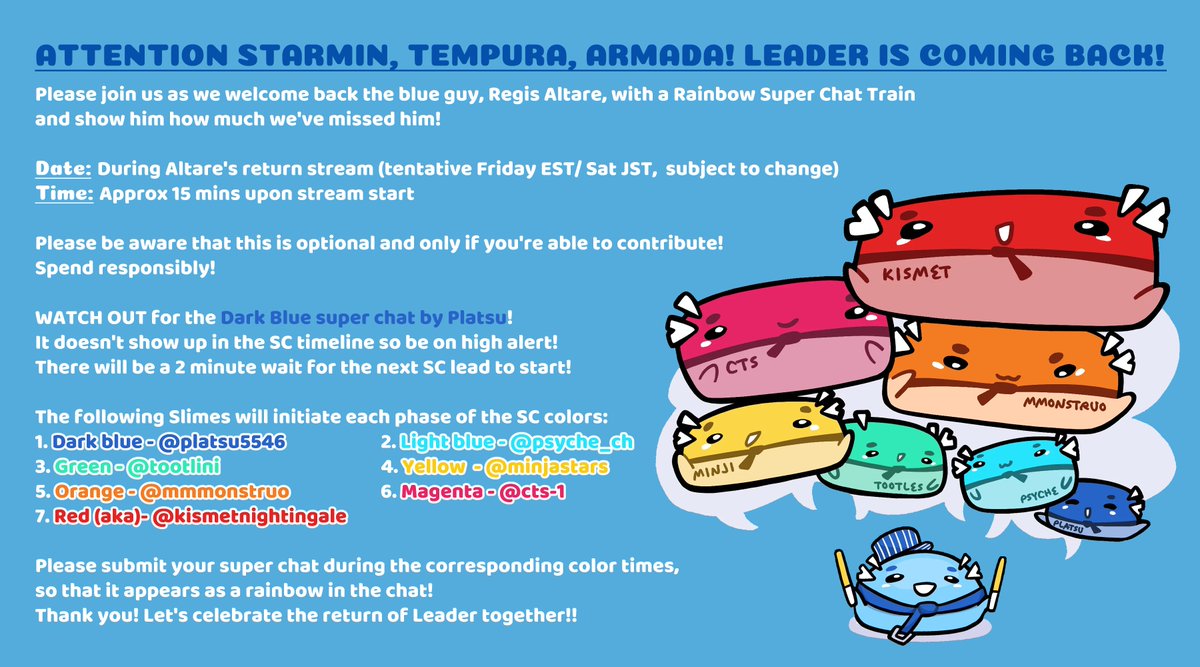 altventurercord's tweet photo. [Do not QRT / Reposts and shares appreciated!] 

Help us welcome back Leader! 💙
Info in image provided🌈 https://t.co/7lvK0dIlUM