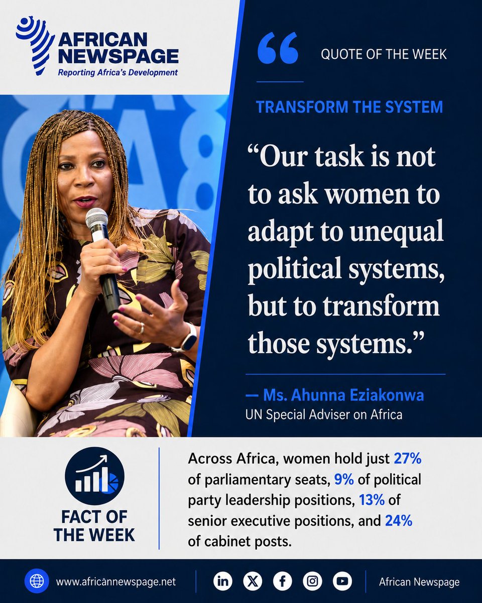 AfricanNewspage's tweet photo. TRANSFORM THE SYSTEM: BEYOND ASKING WOMEN TO ADAPT

Women’s political participation is not simply about creating space for women within existing systems. It is about transforming political systems that continue to exclude, limit and disadvantage women from meaningful leadership.

Across Africa, women hold just 27% of parliamentary seats, 9% of political party leadership positions, 13% of senior executive positions, and 24% of cabinet posts. These figures underscore the persistent barriers to achieving genuine gender equality in political and decision-making spaces.

In this week’s African Newspage Quote of the Week, Ms. Ahunna Eziakonwa, UN Special Adviser on Africa, challenges policymakers and institutions to move beyond asking women to adapt to unequal systems.

The call is clear: transform the systems themselves and create more inclusive pathways for women to participate, lead and shape decisions that affect their communities and countries.

🔗 Read the full story: 👉 https://t.co/rGNrgldW1V

@ecowas_cedeao @UNDPAfrica @AUC_Official @AWLNetwork @UN_Women @DamtienL
@jmartyns @ahunnaeziakonwa @MwangeMarie @ImmaculateIman
@JoelAhofodji
@nogueira_salett
@kolasofola @Adam_Alqali

#QuoteOfTheWeek #WomenInLeadership #GenderEquality #PoliticalParticipation #WomenInPolitics #InclusiveGovernance #Africa #AfricanNewspage