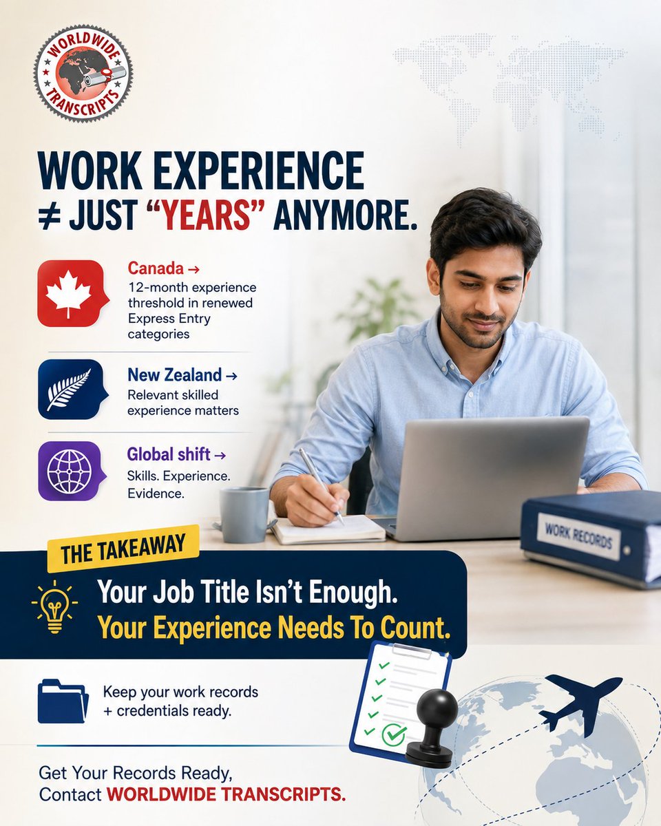 Wwtranscripts's tweet photo. Your work experience isn’t just “years” anymore.
Canada’s renewed Express Entry categories include a 12-month experience threshold.
Your job title isn’t enough. Your experience needs evidence. Your Records. Your Next Move. https://t.co/fGefoc1Y8k