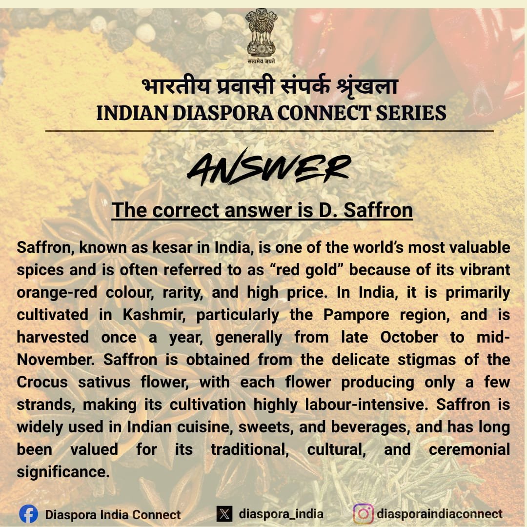 diaspora_india's tweet photo. Dear #PravasiBharatiyas, here is the correct answer for the question: which Indian spice is famously known as 'red gold' because its high value?
#IndiaConnect #IndianDiaspora #IndianHeritage #IncredibleIndia https://t.co/Aeg2ney63E