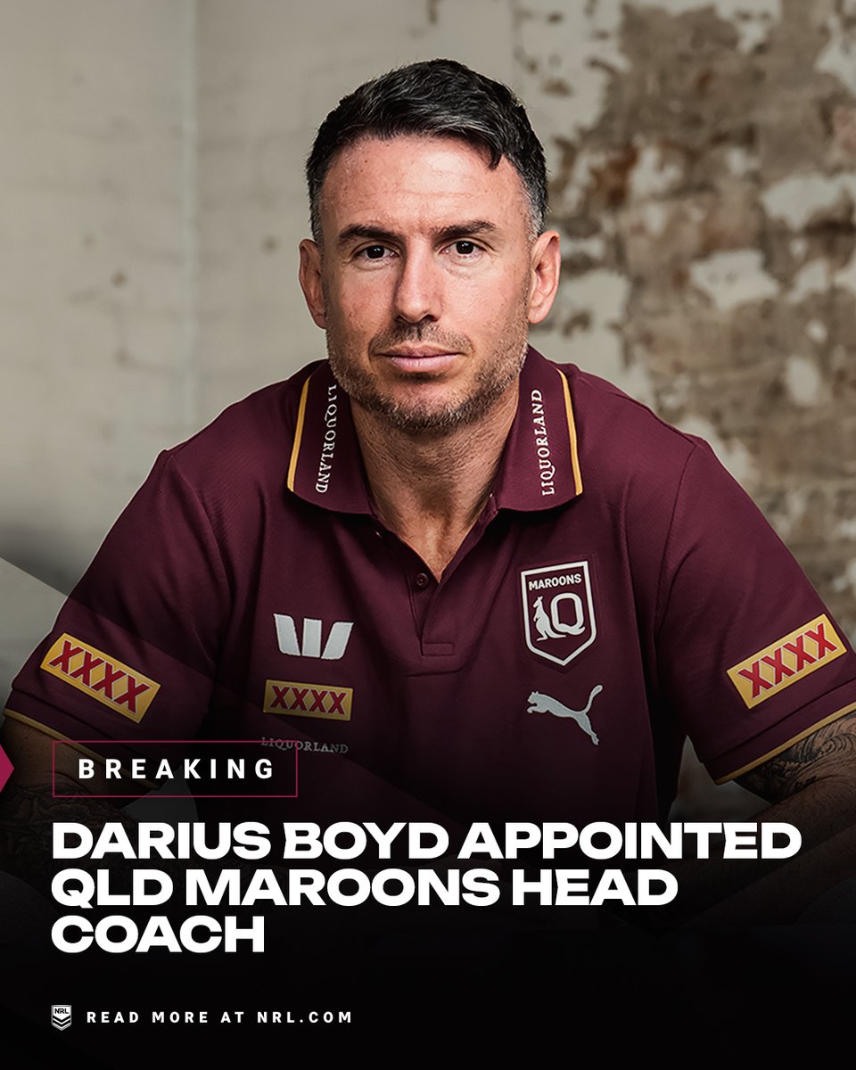 NRL's tweet photo. Darius Boyd has been announced as Queensland’s next State of Origin coach. The former Maroons winger has officially been unveiled as Billy Slater’s replacement for 2027, signing a two-year deal ✍️ https://t.co/LZWICoC5FL