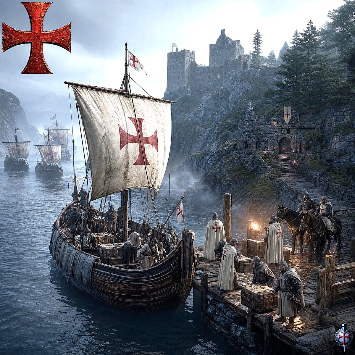 ClaraV94746's tweet photo. A scene depicting the arrival of the Knights Templar’s fleet at a secret hideout in Scotland. The image shows the ships entering a misty bay, while on the shore the Knights Templar unload sealed crates in front of a secluded stone castle. https://t.co/v4dZ6Vu7NG
