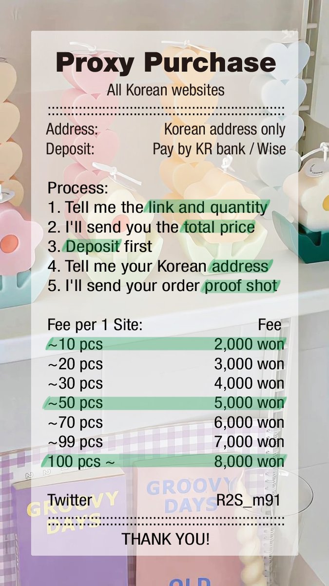 R2S_m91's tweet photo. 🌼 Korea Proxy Purchase 🌼
🇰🇷 한국 대리 구매 🇰🇷

All Korean websites

⭐ Fee 2,000 won
📌 KR address only
📌 Pay: Wise (+1,000 won) / KR bank

💌 Contact KKT
Main Tweet Link

Yes24 Soundwave Withmuu Musinsa 29CM OliveYoung Aladin Everline JYPshop Weverse Fans SMstore Bunjang https://t.co/tchZPUey2T
