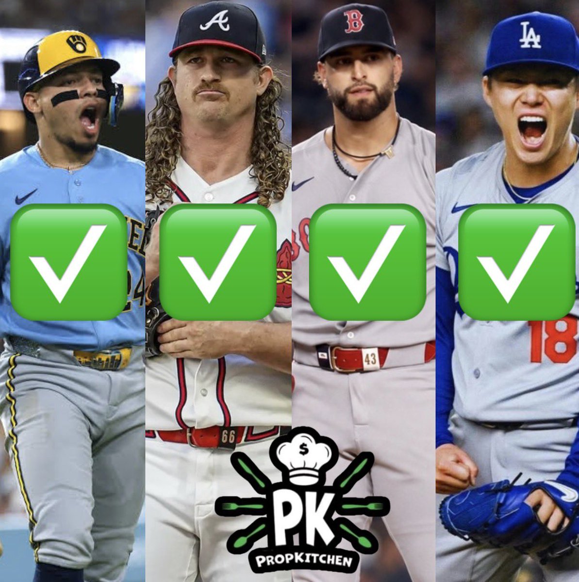 PropKitchen's tweet photo. $50 to SOMEONE Who LIKES+RT ❤️‍🔥 ⬇️ 

4-0 MENU SWEEP 🧹 🧹 

✅ Patrick Sandoval over 4.5 Hits Allowed
✅ Yoshi Yamamoto over 6.5 Strikeouts
✅ William Contreras over 1.5 HRR
✅ Grant Holmes under 15.5 Outs

LETS KEEP COOKING 🧑‍🍳 https://t.co/H99M01wGhm