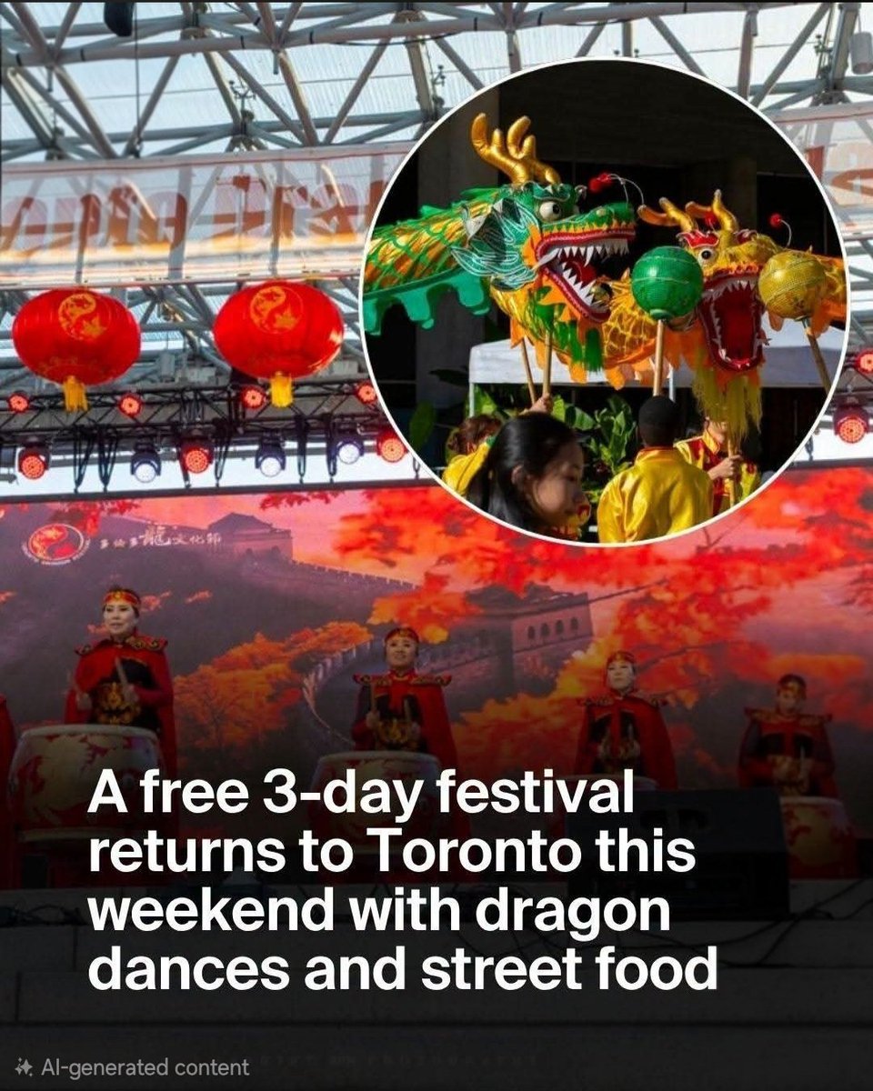 FestivalsCA's tweet photo. 🐉 The Toronto Dragon Festival is back! 🐉
Nathan Phillips Square is turning into a 3-day (Sept 4–6) celebration of Chinese culture! Expect high-pole lion dances, night light shows, Asian street food, and an AI robotics showcase. ✨

🎟️ FREE!

#festivalsca #dragonfestival
#arts https://t.co/V84dsQ8MlT