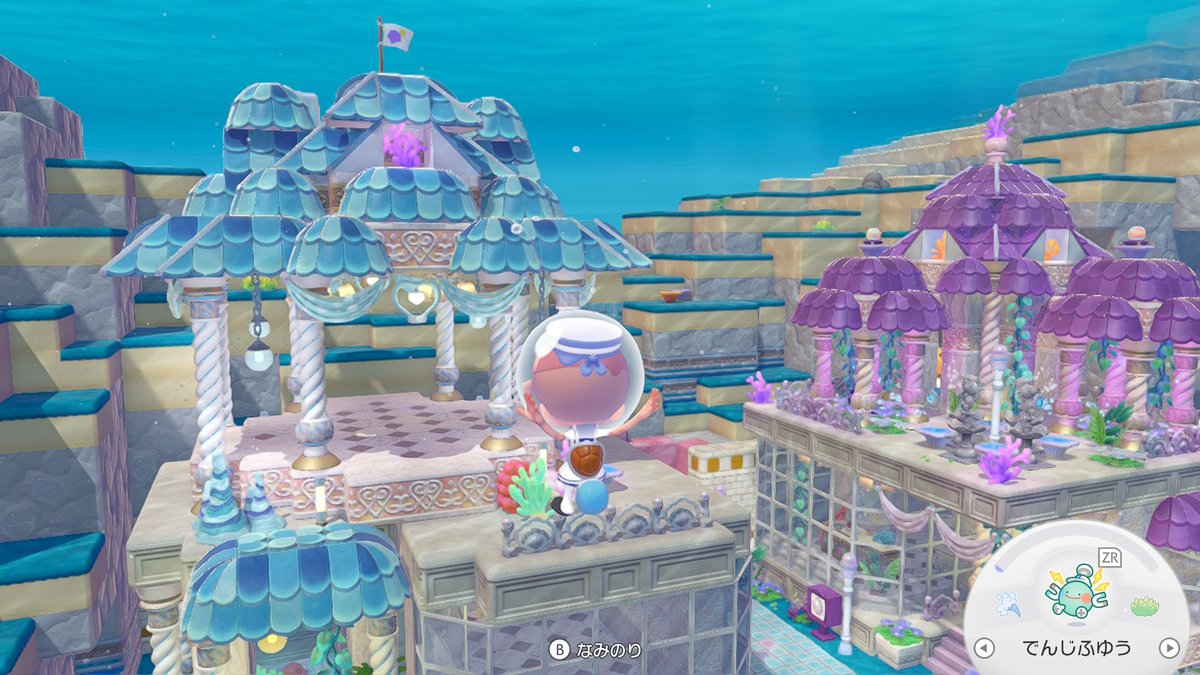 ZionRay_Pokemon's tweet photo. お昼休み、ガゼボにランプなど付けました！電気色ブルーでもよかったかな･･･紫のと比べると水色控えめやわ💦

旗付けたら水面ギリギリだった危ない･･･
帰り道と帰宅後まわりの装飾しよっと
昨夜寝ぼけながら書いてた装飾予定（2枚目）見たら横に塔あるねんけど正気か

#ぽこあポケモン #ぽこポケ https://t.co/7pD3XaYrKg
