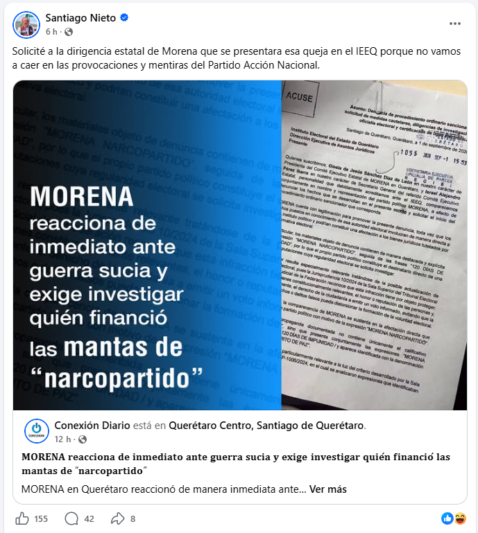 GildoGarzaMx's tweet photo. #México | En #Querétaro acabamos de ver algo que debería preocuparnos a todos, no nada más a quien puso una lona. 🔴

Aparece una lona crítica, firmada por alguien que nadie conoce todavía. Y en vez de que Morena responda con argumentos, con datos, con una explicación sobre los "120 días de impunidad" que le reclaman, la respuesta fue otra: perseguir al mensajero.

Santiago Nieto (@SNietoCastillo) lo confesó él mismo en sus redes: "Solicité a la dirigencia estatal de Morena que se presentara esa queja en el IEEQ." No hubo debate, no hubo respuesta al fondo del señalamiento. Hubo una instrucción, y minutos después, la denuncia.

Eso no es defender el honor de un partido. Eso es represión con membrete legal.

Nieto es "doctor en derecho". Sabe exactamente lo que hace cuando convierte una crítica política en materia sancionable. Sabe que la ley no está hecha para callar mantas incómodas, está hecha para proteger a la ciudadanía — y la usa al revés. Eso lo vuelve una figura nociva para la vida pública de Querétaro: no porque piense distinto, sino porque cuando algo le incomoda, no discute, denuncia. No convence, censura.

Y Morena, como partido, avala esa lógica: en vez de exigirle transparencia a sus propios gobernadores señalados, exige silencio a quien los señala.

Quien hoy pide que se calle una manta, mañana si tuviera el poder completo en sus manos, va a pedir que se calle todo lo demás. Ese es el patrón. Esa es la línea.

Querétaro no debería normalizarlo.