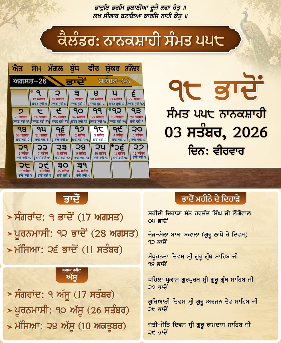 SGPCAmritsar's tweet photo. ੧੮ ਭਾਦੋਂ ਸੰਮਤ ੫੫੮ ਨਾਨਕਸ਼ਾਹੀ, ਵੀਰਵਾਰ | ੩ ਸਤੰਬਰ, ੨੦੨੬
#Sikhs #SikhCalendar #NanakSahiCalendar #Bhadon #DailySikh #SikhUpdates https://t.co/nHQpNVY5eZ