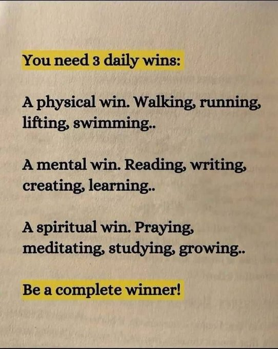 abdullahbaltis1's tweet photo. 🏃 Physical win — walking, running, lifting, swimming, etc.
🧠 Mental win — reading, writing, creating, learning, research.
🧘 Spiritual win — praying, meditating, studying, reflecting, growing.
The main idea is: make at least one meaningful action every day in each area. https://t.co/fkJOokPtmy