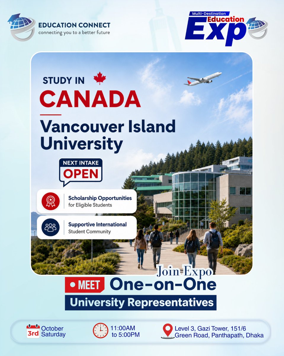 educonnectbd's tweet photo. Join the Multi-Destination Education Expo 2026 and meet Vancouver Island University representatives one-on-one to discuss your study options.

✨ Cashback Offer on IELTS Registration Fee
🔥 50% OFF File Opening Fee
⌚🎧 Chance to Win a Smartwatch or AirPods https://t.co/kiNdbhgD7k