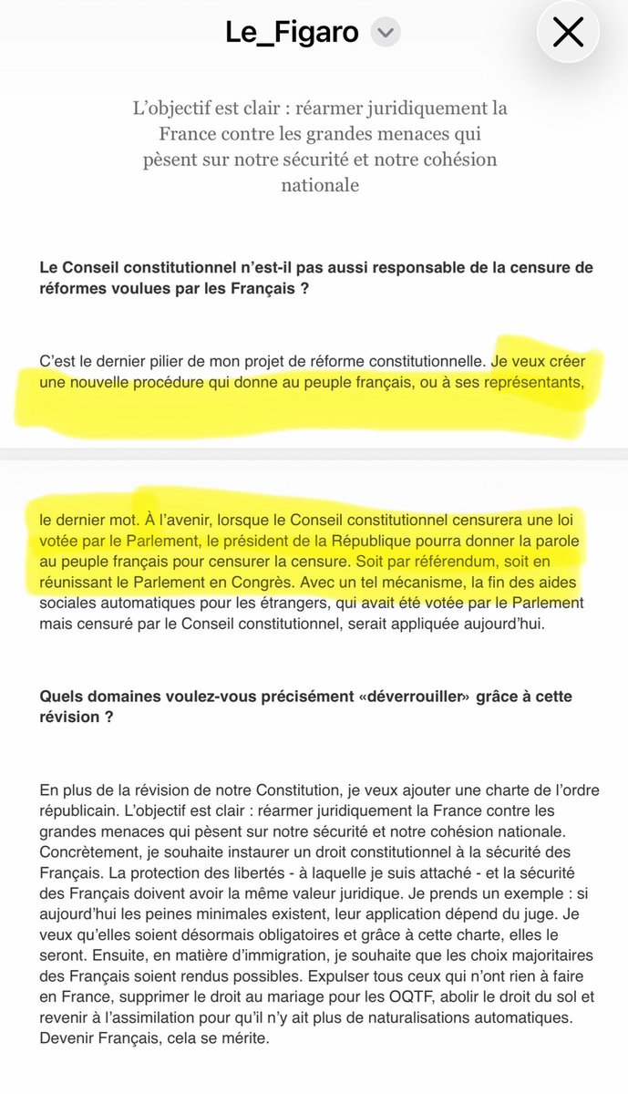 AlexandreJardin's tweet photo. 🚨 SÉISME DÉMOCRATIQUE.
Le papier de @BrunoRetailleau dans @Le_Figaro ce matin est l’un des textes politiques les plus importants de cette rentrée.

Il dit une chose énorme : LES FRANÇAIS ONT ÉTÉ DÉPOSSÉDÉS DE LEUR POUVOIR.

Et il propose 4 réparations constitutionnelles capitales, gaulliennes :
1️⃣ Le #référendum doit pouvoir porter sur les mêmes sujets que la loi.
2️⃣ Le peuple souverain doit pouvoir censurer le @Conseil_constit non élu  : censurer le censeur.
3️⃣ Le pouvoir judiciaire européen doit être remis à sa place par la souveraineté française.
4️⃣ Le nombre de signatures nécessaires au #RIP (référendum d’initiative partagée) doit être divisé par 2.

C’est considérable. Gaullien. Lucide. Sans l’alliance effective avec le peuple l’Etat est une impuissance.

Ce papier sismique reconnaît que le problème n’est pas seulement politique.
Il est constitutionnel, systémique. 
Le pouvoir français n’a plus de pouvoir.
Les candidats actuels baratinent tous en disant qu’élus ils pourront agir réellement.
Le président est élu pour agir, mais est impuissant.
Le Parlement vote, mais reste sous surveillance judiciaire.
Et le citoyen ?
Dépossédé, vote pour rien tous les cinq ans pour des gens qui, en vérité, ne peuvent plus décider.

L’alliance entre le peuple et l’État s’est brisée.
En démocrate pur jus, Retailleau propose ce matin de réparer une énorme partie de cette dépossession : les 2/3 du chemin sont accomplis.

Mais il manque le point décisif.
Le verrou ultime.
Pour réparer la France.
Le #RIC : le Referendum d’INITIATIVE Citoyenne.
Pas le référendum que le pouvoir veut bien organiser.
Le référendum que le #gueux, l’inentendu, l’oublié peut lui-même déclencher.
Pour être souverain pendant les 5 ans, et pas tous les 5 ans.

C’est le saut démocratique que nous accomplirons  avec @RefCitoyen après le #15septembre - avec joie. Dignité. Et puissance.

Le mouvement démocratique, est lancé.
Le peuple ne veut plus être consulté.
Il veut pouvoir décider.

La France gaullienne peut revenir. La dépossession inavouée n’est plus possible .
#RIC #Référendum #Gueux #Démocratie @lesGueuxZFE 

https://t.co/AkH8IaRt7o
