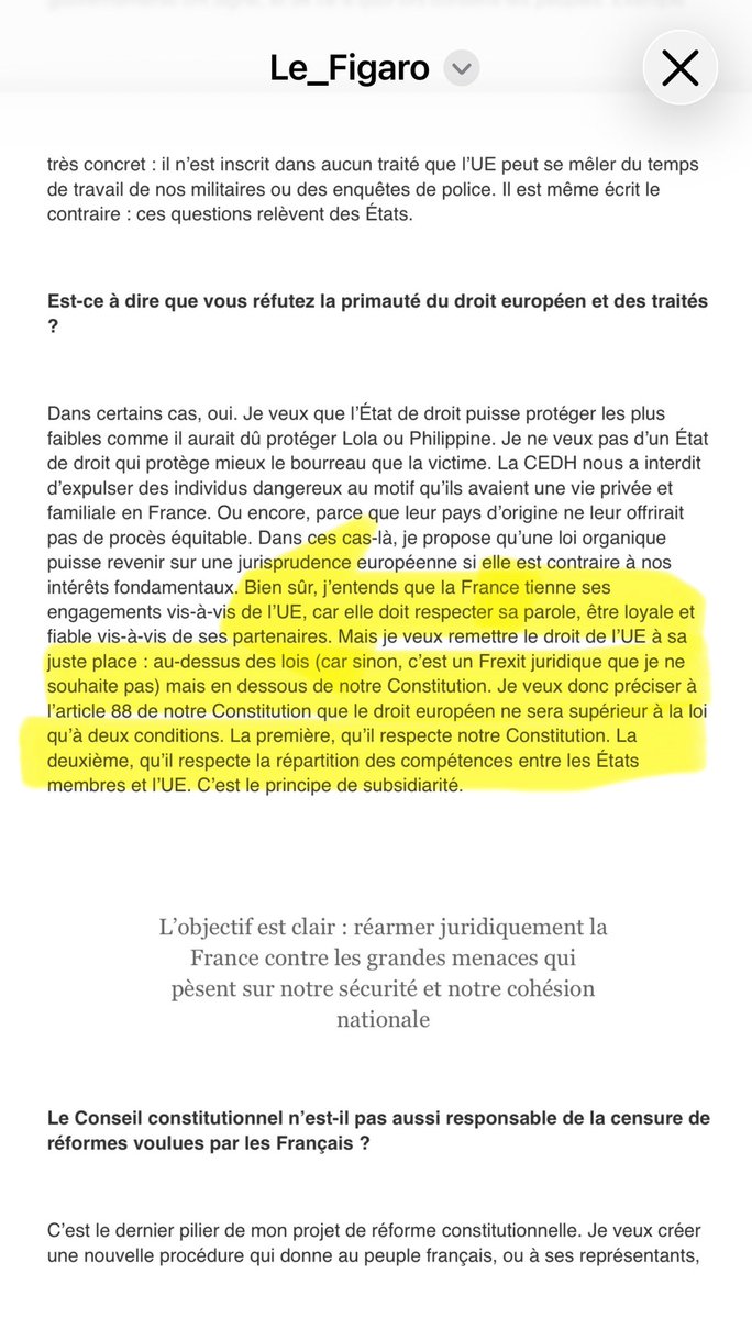 AlexandreJardin's tweet photo. 🚨 SÉISME DÉMOCRATIQUE.
Le papier de @BrunoRetailleau dans @Le_Figaro ce matin est l’un des textes politiques les plus importants de cette rentrée.

Il dit une chose énorme : LES FRANÇAIS ONT ÉTÉ DÉPOSSÉDÉS DE LEUR POUVOIR.

Et il propose 4 réparations constitutionnelles capitales, gaulliennes :
1️⃣ Le #référendum doit pouvoir porter sur les mêmes sujets que la loi.
2️⃣ Le peuple souverain doit pouvoir censurer le @Conseil_constit non élu  : censurer le censeur.
3️⃣ Le pouvoir judiciaire européen doit être remis à sa place par la souveraineté française.
4️⃣ Le nombre de signatures nécessaires au #RIP (référendum d’initiative partagée) doit être divisé par 2.

C’est considérable. Gaullien. Lucide. Sans l’alliance effective avec le peuple l’Etat est une impuissance.

Ce papier sismique reconnaît que le problème n’est pas seulement politique.
Il est constitutionnel, systémique. 
Le pouvoir français n’a plus de pouvoir.
Les candidats actuels baratinent tous en disant qu’élus ils pourront agir réellement.
Le président est élu pour agir, mais est impuissant.
Le Parlement vote, mais reste sous surveillance judiciaire.
Et le citoyen ?
Dépossédé, vote pour rien tous les cinq ans pour des gens qui, en vérité, ne peuvent plus décider.

L’alliance entre le peuple et l’État s’est brisée.
En démocrate pur jus, Retailleau propose ce matin de réparer une énorme partie de cette dépossession : les 2/3 du chemin sont accomplis.

Mais il manque le point décisif.
Le verrou ultime.
Pour réparer la France.
Le #RIC : le Referendum d’INITIATIVE Citoyenne.
Pas le référendum que le pouvoir veut bien organiser.
Le référendum que le #gueux, l’inentendu, l’oublié peut lui-même déclencher.
Pour être souverain pendant les 5 ans, et pas tous les 5 ans.

C’est le saut démocratique que nous accomplirons  avec @RefCitoyen après le #15septembre - avec joie. Dignité. Et puissance.

Le mouvement démocratique, est lancé.
Le peuple ne veut plus être consulté.
Il veut pouvoir décider.

La France gaullienne peut revenir. La dépossession inavouée n’est plus possible .
#RIC #Référendum #Gueux #Démocratie @lesGueuxZFE 

https://t.co/AkH8IaRt7o