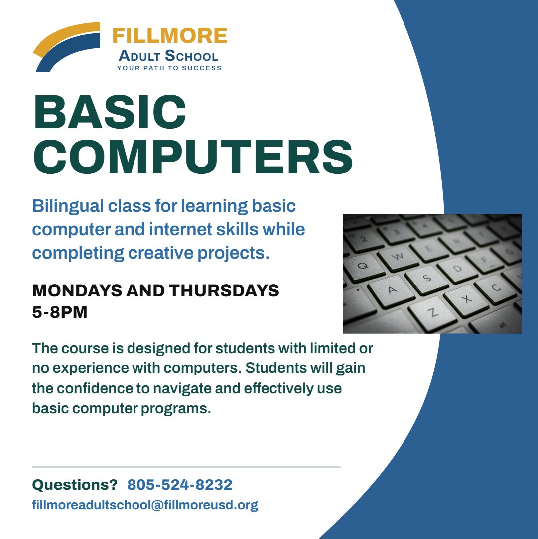 FUSDDistrict's tweet photo. Free Basic Computer Class! — Fillmore Adult School — Fillmore Unified School District
Free Basic Computer class is Mondays and Thursdays from 5:00–8:00 pm.
More info 805-524-8232 or email: fillmoreadultschool@fillmoreusd.org https://t.co/PbtbTsioG2