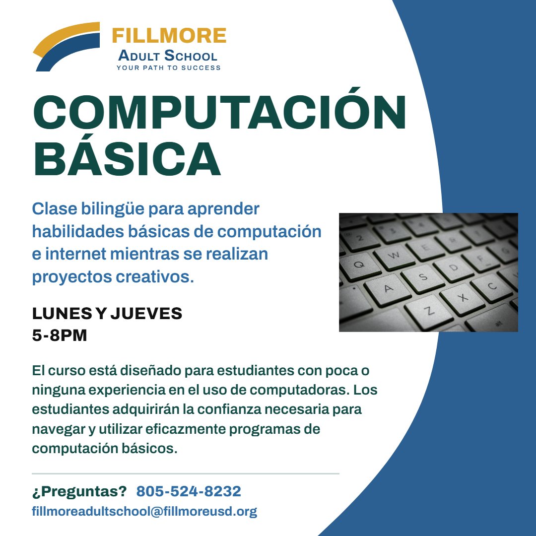 FUSDDistrict's tweet photo. Free Basic Computer Class! — Fillmore Adult School — Fillmore Unified School District
Free Basic Computer class is Mondays and Thursdays from 5:00–8:00 pm.
More info 805-524-8232 or email: fillmoreadultschool@fillmoreusd.org https://t.co/PbtbTsioG2