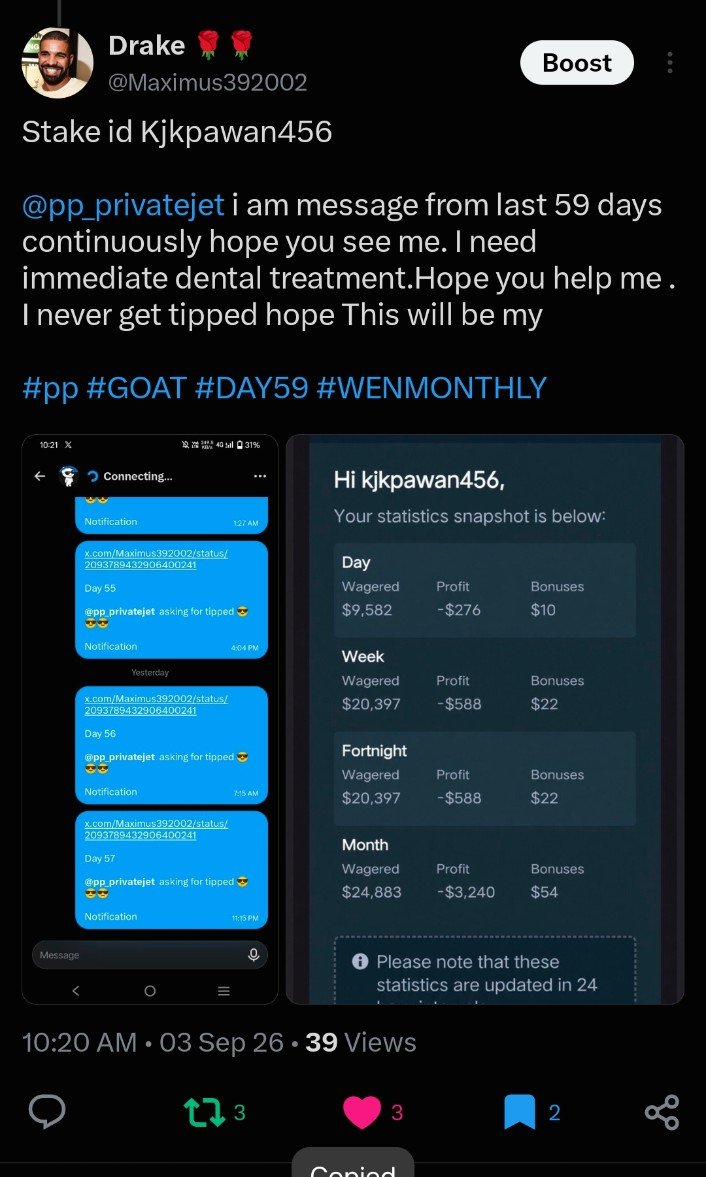 Maximus392002's tweet photo. @pp_privatejet Stake id Kjkpawan456

@pp_privatejet i am message from last 59 days continuously hope you see me. I need immediate dental treatment.Hope you help me . I never get tipped hope This will be my

#pp #GOAT #DAY59 #WENMONTHLY https://t.co/bk2M58TQe7