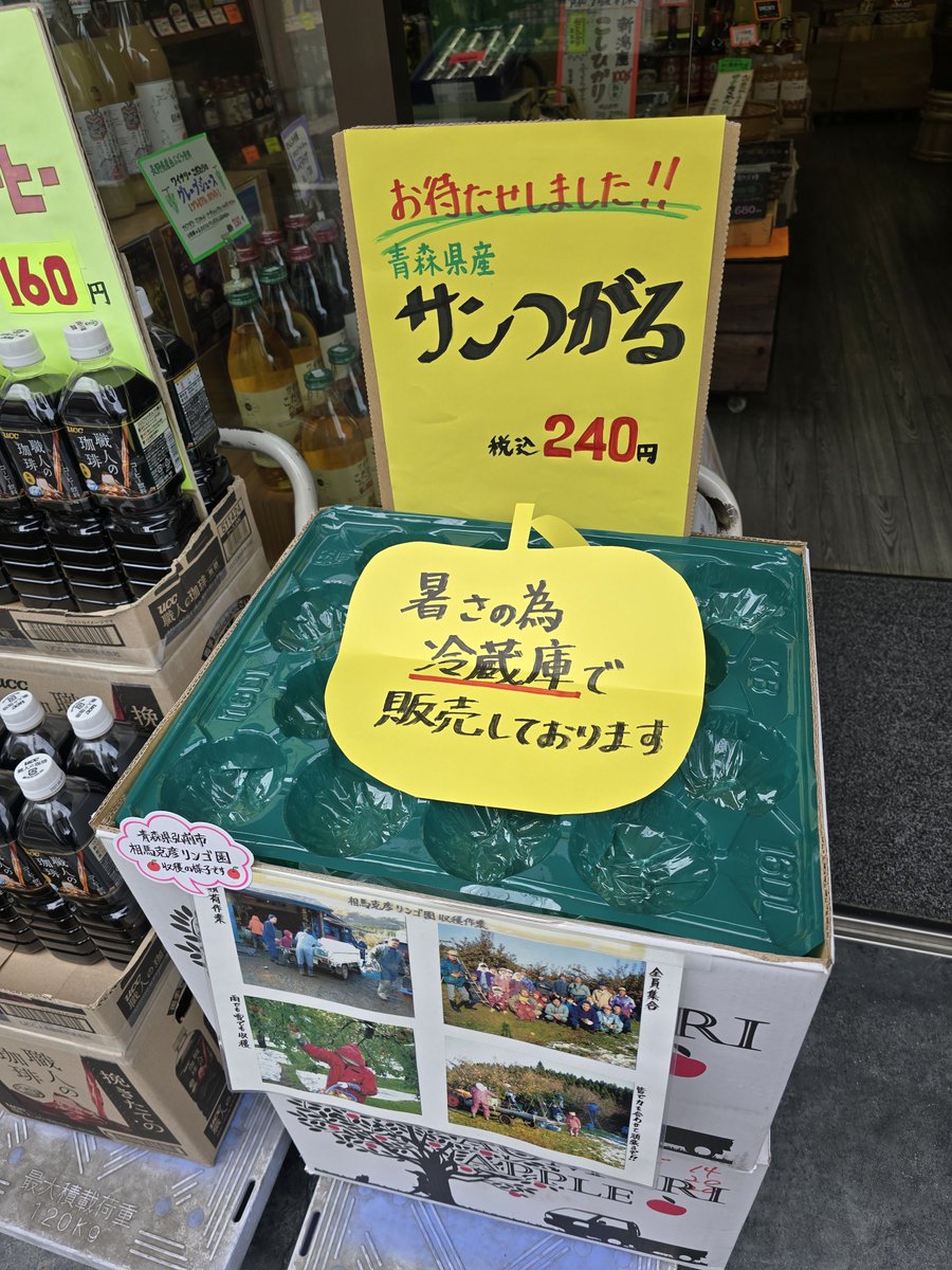 marutokuaoki's tweet photo. #丸徳青木商店 です。
​青森県弘前市『相馬克彦りんご園』より、初物リンゴ「サンつがる」が入荷しました🍎
ジューシーな甘みと爽やかな酸味をぜひお楽しみください😆✨️
※暑い日が続いておりますので、ただいま冷蔵コーナーにて販売中です。 https://t.co/nPYcoXqDAM
