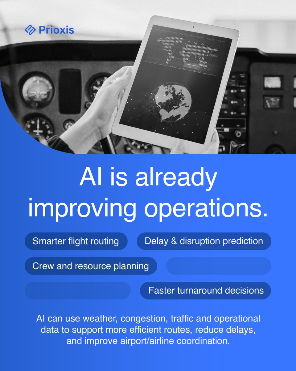 PrioxisTechno's tweet photo. From smarter routing and disruption prediction to seamless passenger experiences, AI is transforming how airlines and airports operate.

#AI #FutureOfAviation #Prioxis https://t.co/QPWQEOFX5y