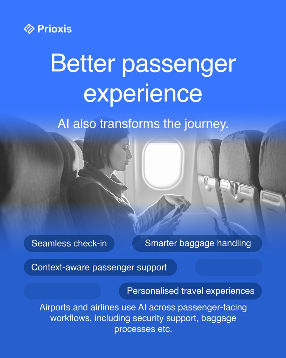 PrioxisTechno's tweet photo. From smarter routing and disruption prediction to seamless passenger experiences, AI is transforming how airlines and airports operate.

#AI #FutureOfAviation #Prioxis https://t.co/QPWQEOFX5y